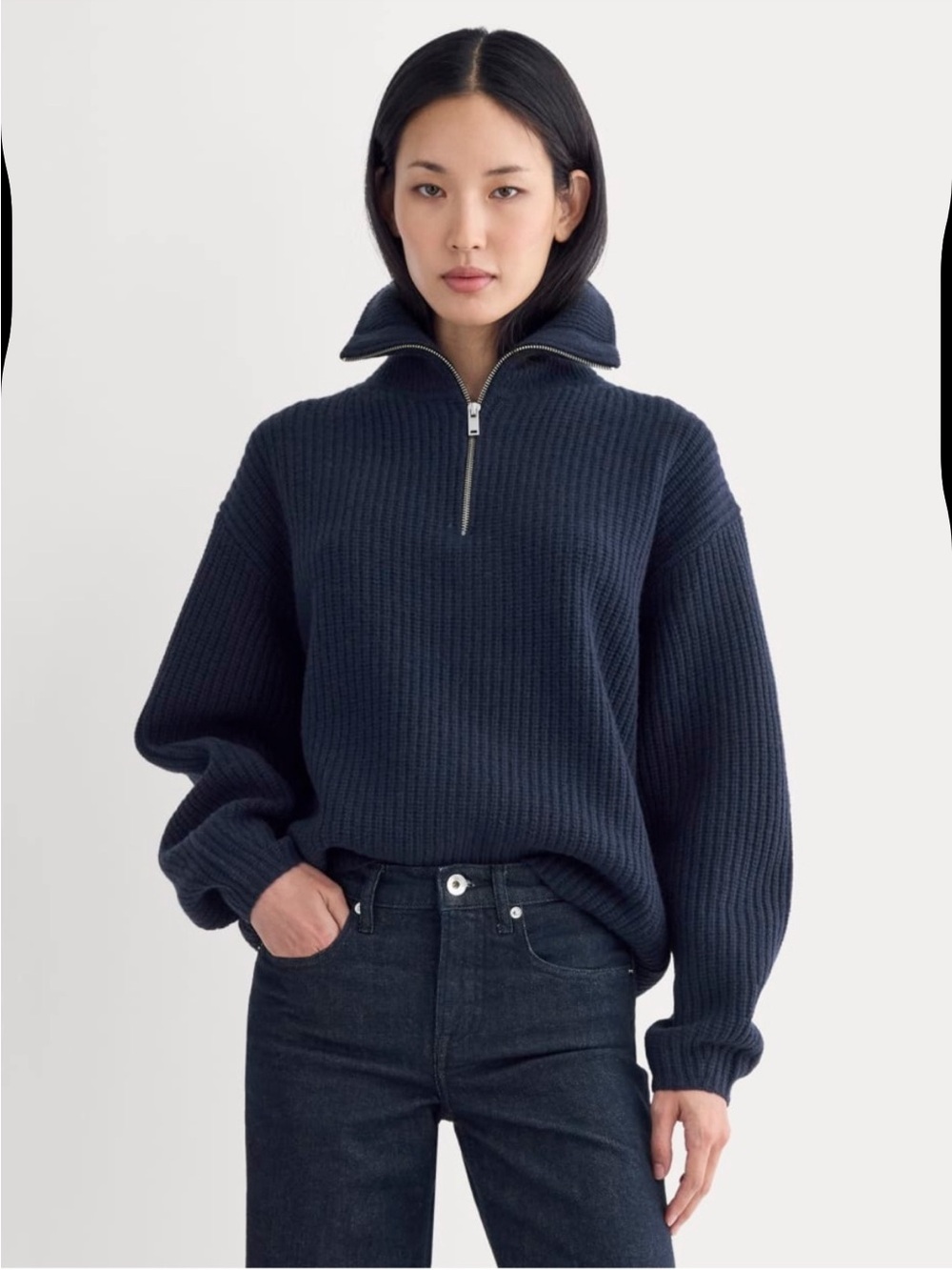 Everlane The Half-Zip Sweater in Luxe Merino Ribbed Knit Navy Blue